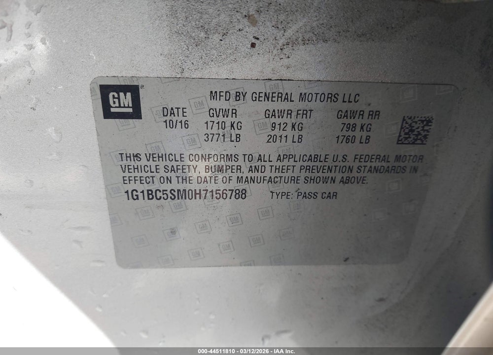 2017 CHEVROLET CRUZE LS AUTO VIN: 1G1BC5SM0H7156788