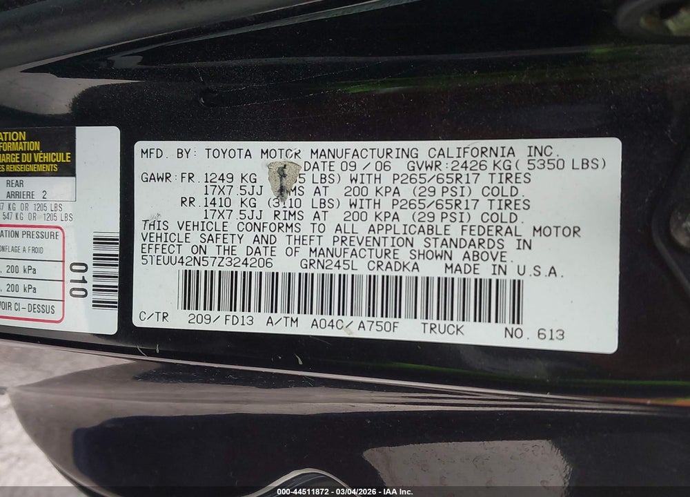 2007 TOYOTA TACOMA BASE V6 VIN: 5TEUU42N57Z324206