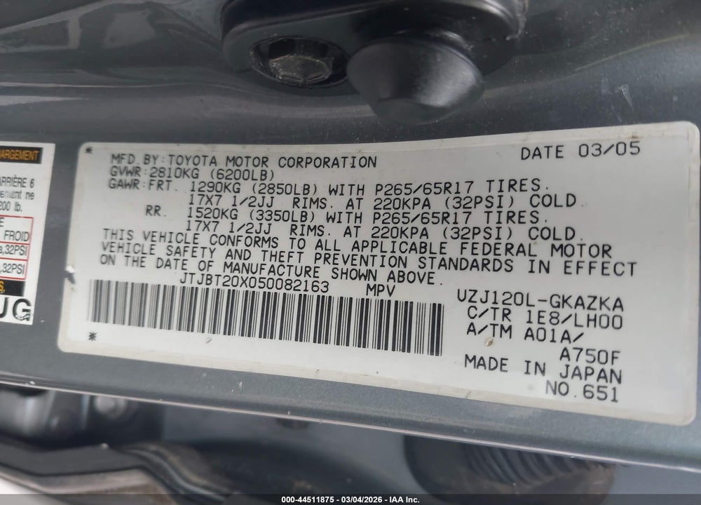 2005 LEXUS GX 470 VIN: JTJBT20X050082163