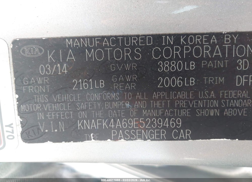 2014 KIA FORTE LX VIN: KNAFK4A69E5239469