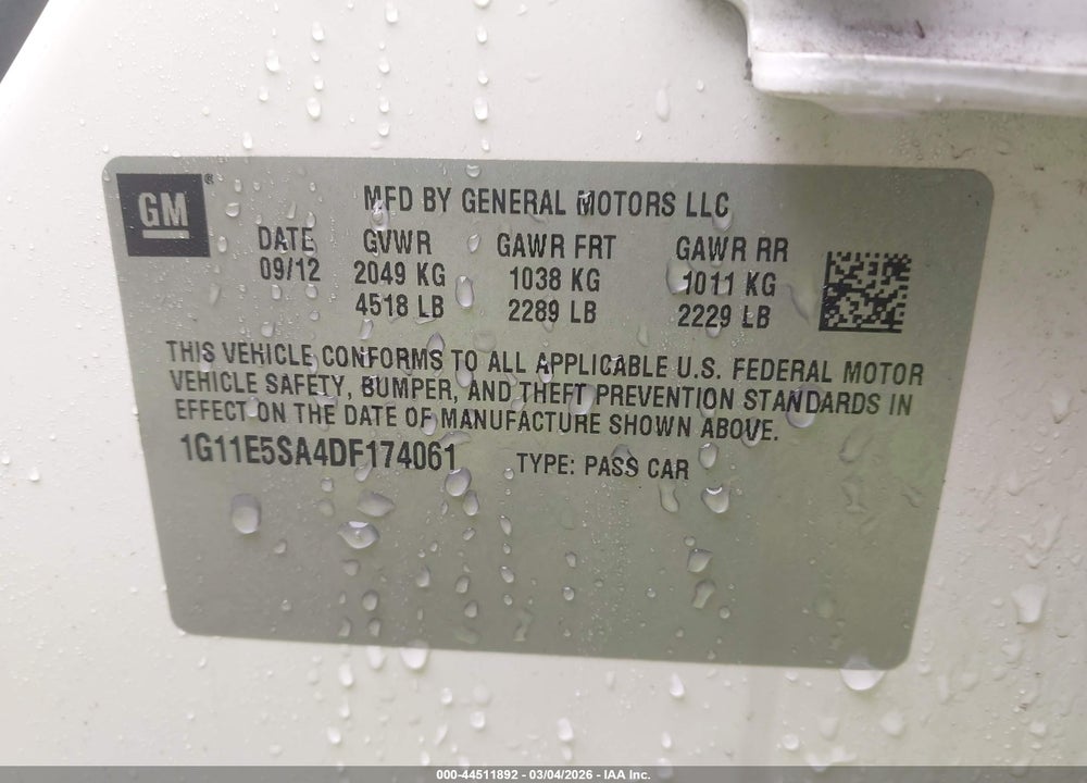 2013 CHEVROLET MALIBU 2LT VIN: 1G11E5SA4DF174061