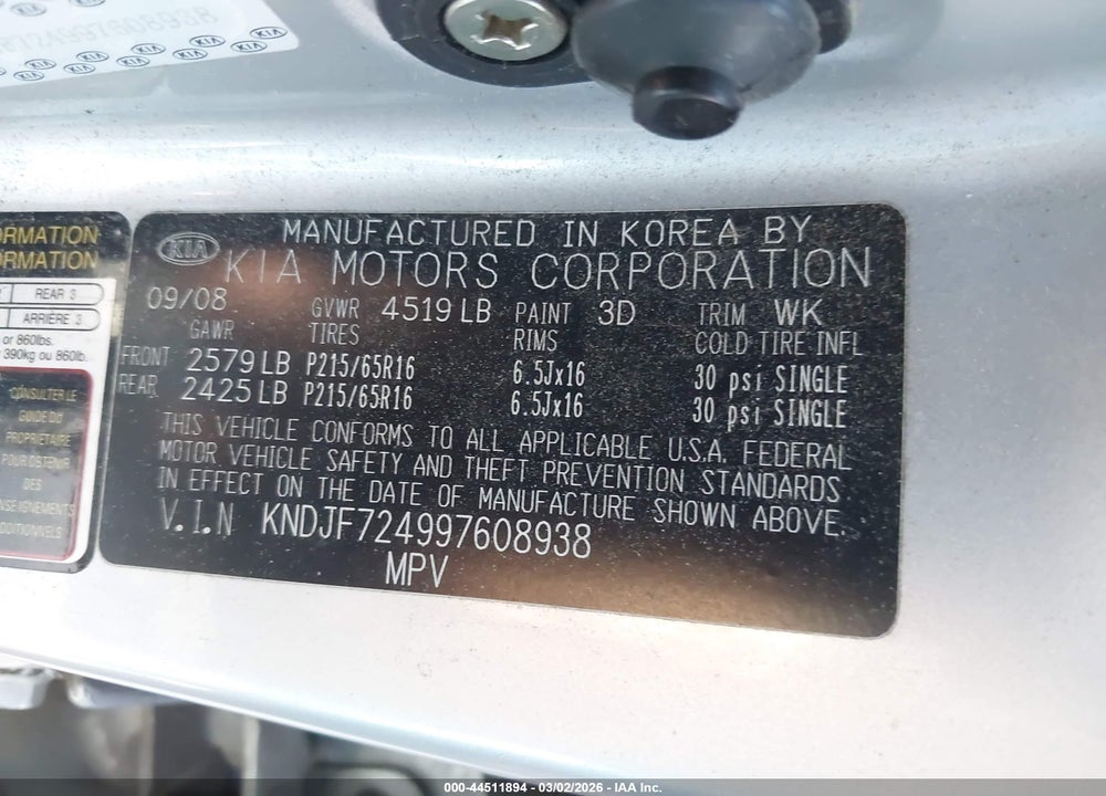 2009 KIA SPORTAGE LX VIN: KNDJF724997608938