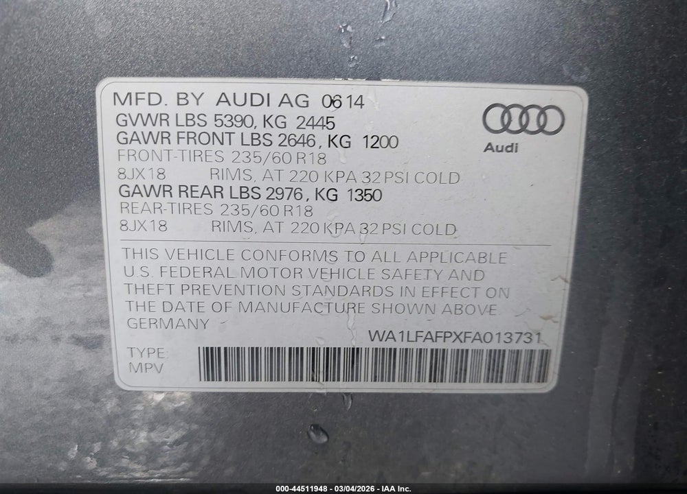 2015 AUDI Q5 2.0T PREMIUM VIN: WA1LFAFPXFA013731