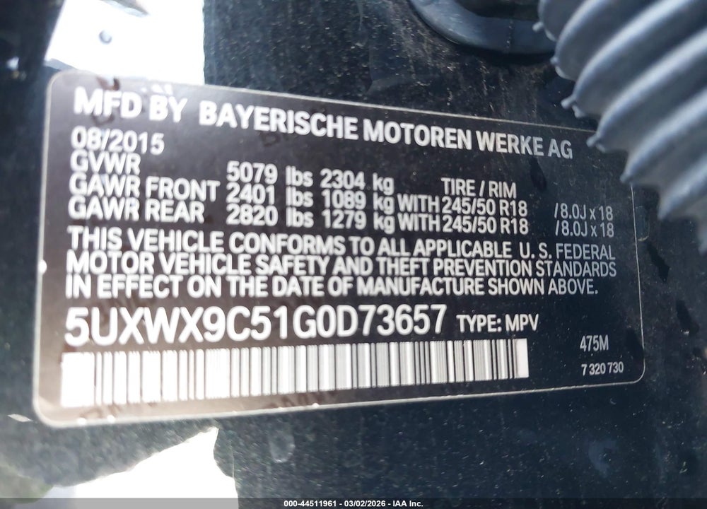 2016 BMW X3 XDRIVE28I VIN: 5UXWX9C51G0D73657