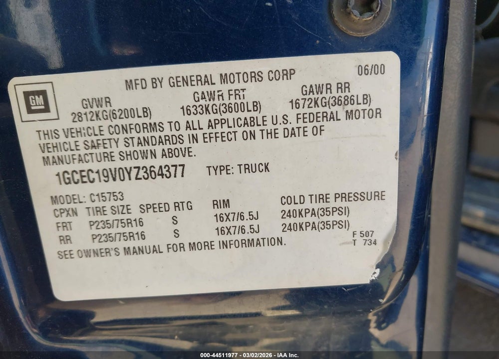2000 CHEVROLET SILVERADO 1500 LS VIN: 1GCEC19V0YZ364377
