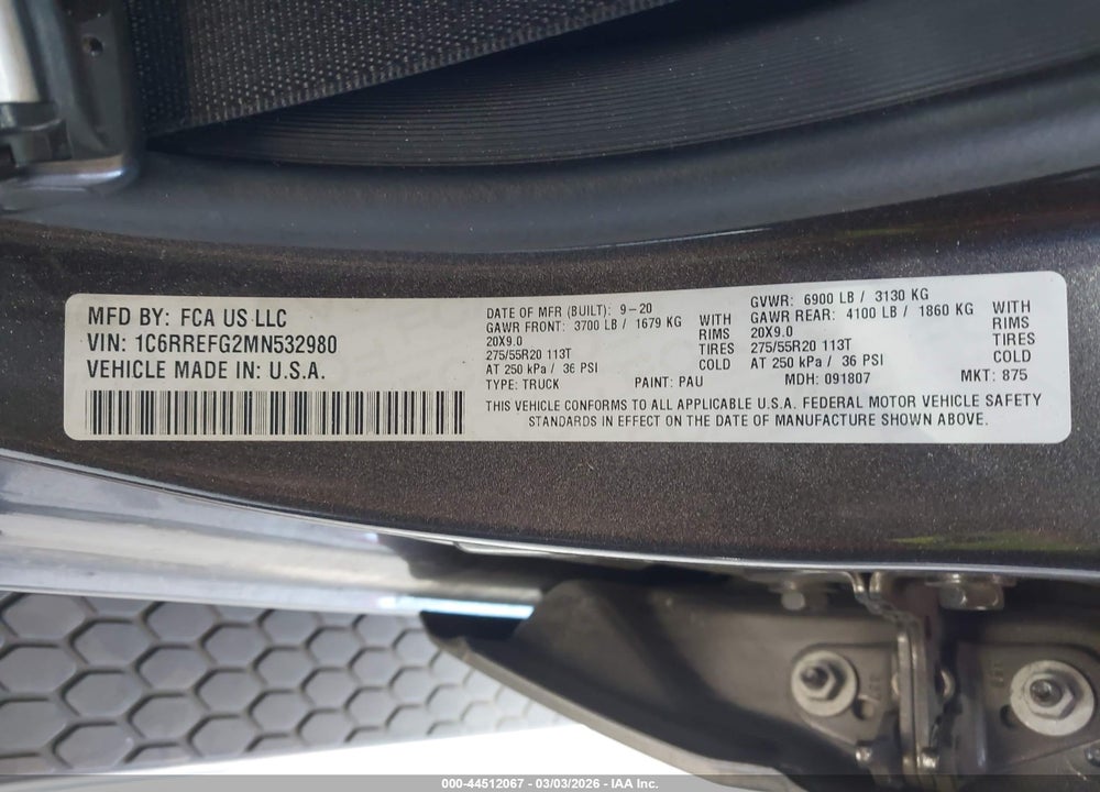 2021 RAM 1500 BIG HORN  4X2 5'7 BOX VIN: 1C6RREFG2MN532980