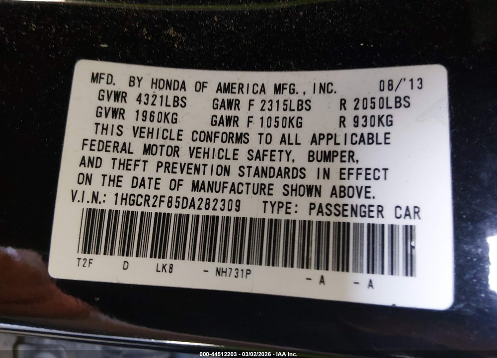 2013 HONDA ACCORD EX-L VIN: 1HGCR2F85DA282309