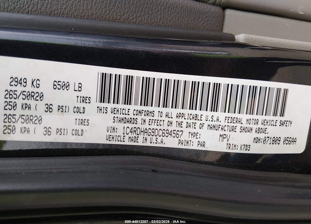 2013 DODGE DURANGO SXT VIN: 1C4RDHAG9DC694567