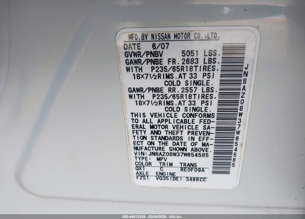 2007 NISSAN MURANO SL VIN: JN8AZ08W37W654585
