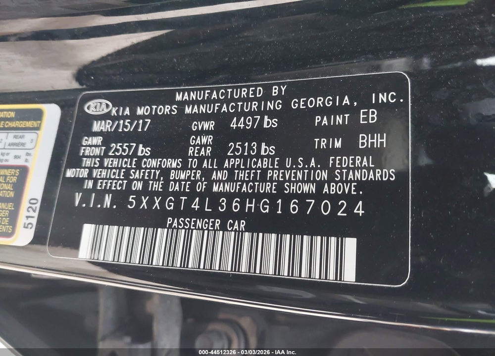 2017 KIA OPTIMA LX VIN: 5XXGT4L36HG167024