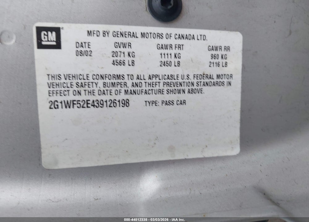 2003 CHEVROLET IMPALA VIN: 2G1WF52E439126198