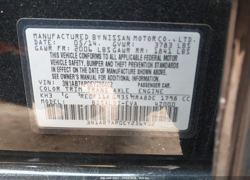 2014 NISSAN SENTRA SV VIN: 3N1AB7AP0EY256402