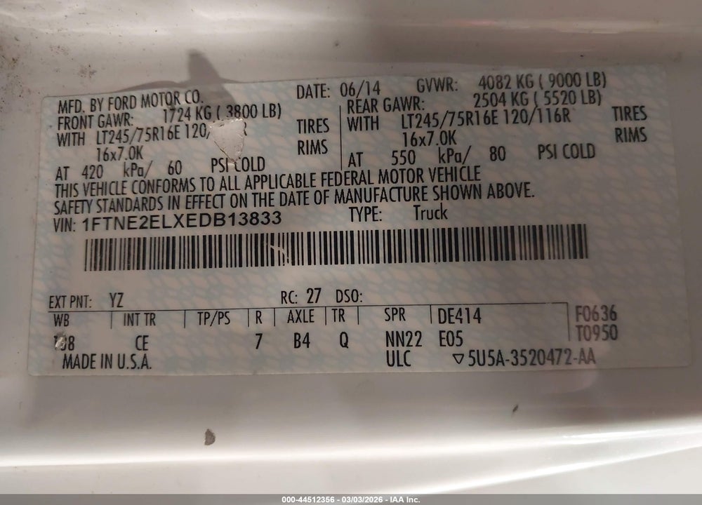 2014 FORD E-250 COMMERCIAL VIN: 1FTNE2ELXEDB13833
