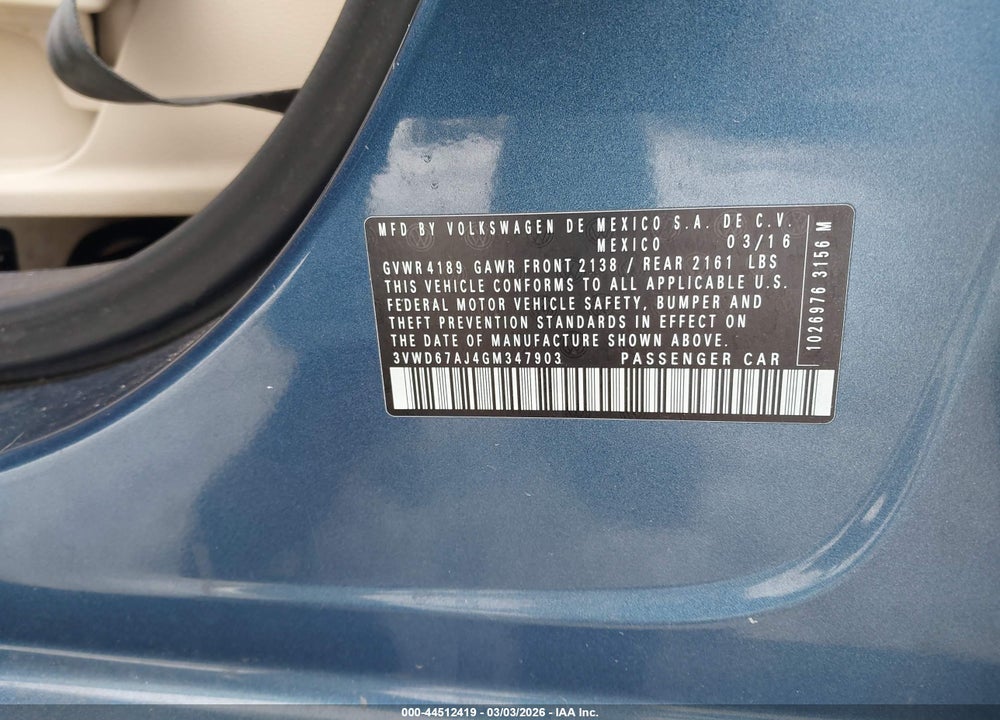 2016 VOLKSWAGEN JETTA 1.4T SE VIN: 3VWD67AJ4GM347903