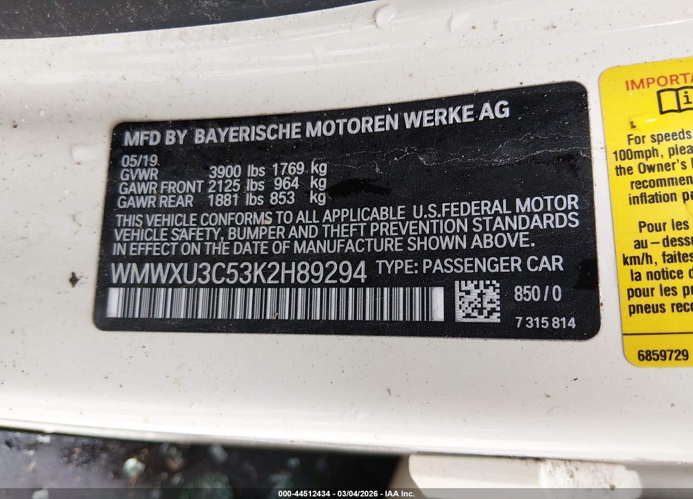 2019 MINI HARDTOP COOPER S VIN: WMWXU3C53K2H89294