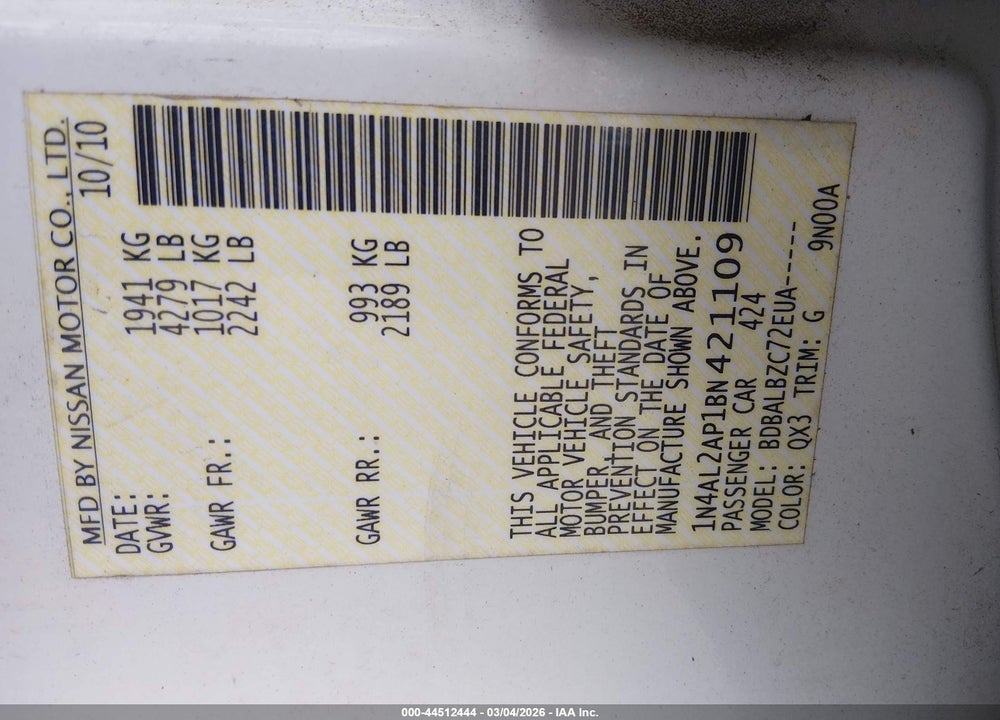 2011 NISSAN ALTIMA 2.5 S VIN: 1N4AL2AP1BN421109
