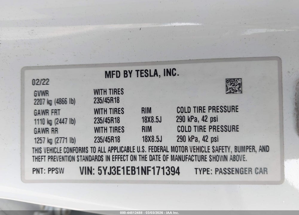 2022 TESLA MODEL 3 LONG RANGE DUAL MOTOR ALL-WHEEL DRIVE VIN: 5YJ3E1EB1NF171394
