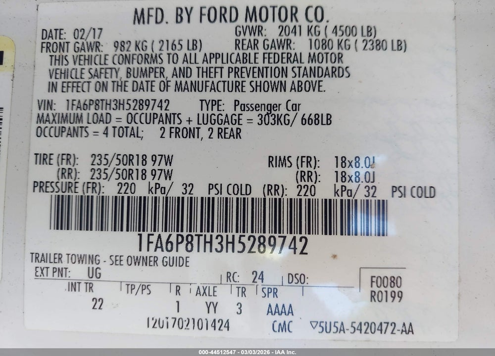 2017 FORD MUSTANG ECOBOOST VIN: 1FA6P8TH3H5289742