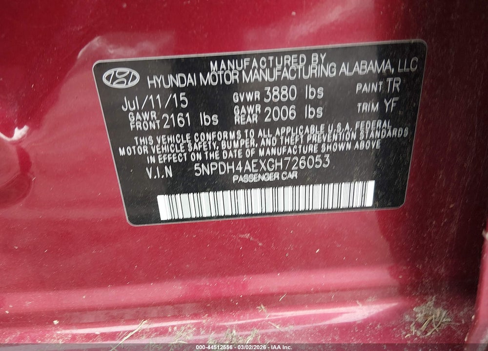 2016 HYUNDAI ELANTRA VIN: 5NPDH4AEXGH726053