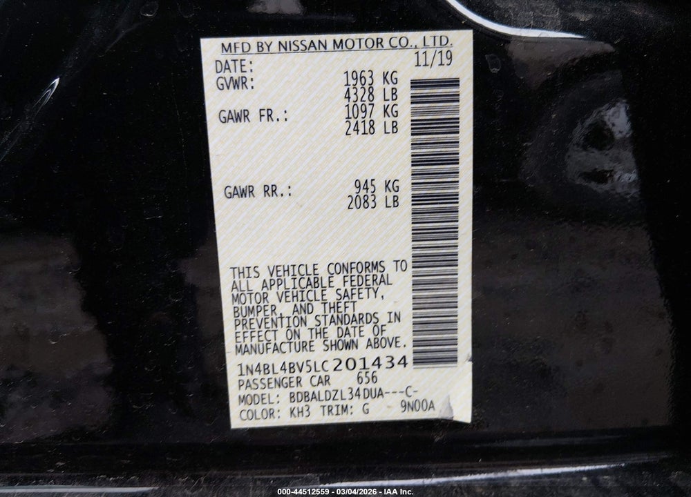 2020 NISSAN ALTIMA S FWD VIN: 1N4BL4BV5LC201434