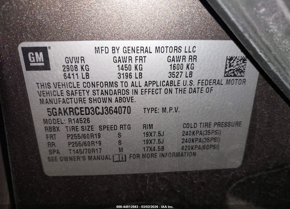 2012 BUICK ENCLAVE LEATHER VIN: 5GAKRCED3CJ364070