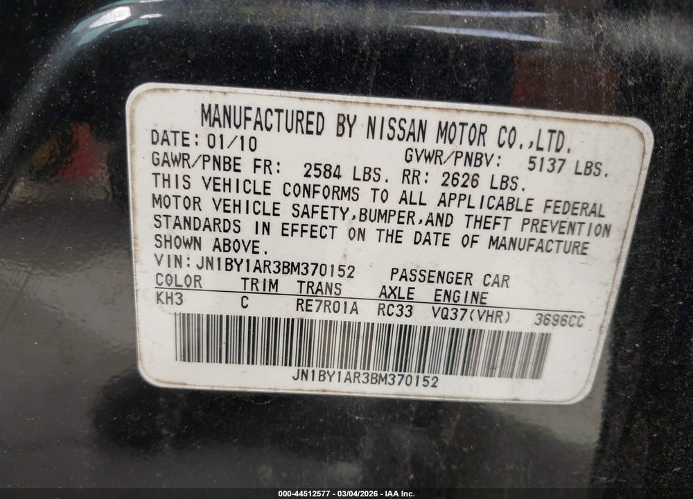 2011 INFINITI M37X VIN: JN1BY1AR3BM370152