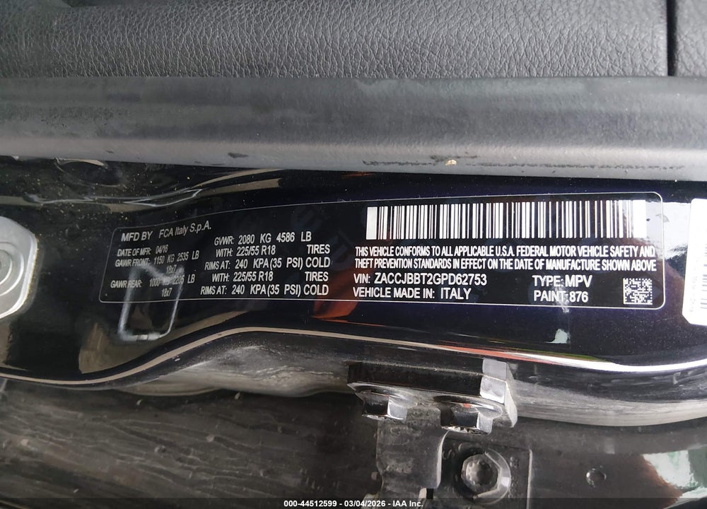 2016 JEEP RENEGADE JUSTICE VIN: ZACCJBBT2GPD62753