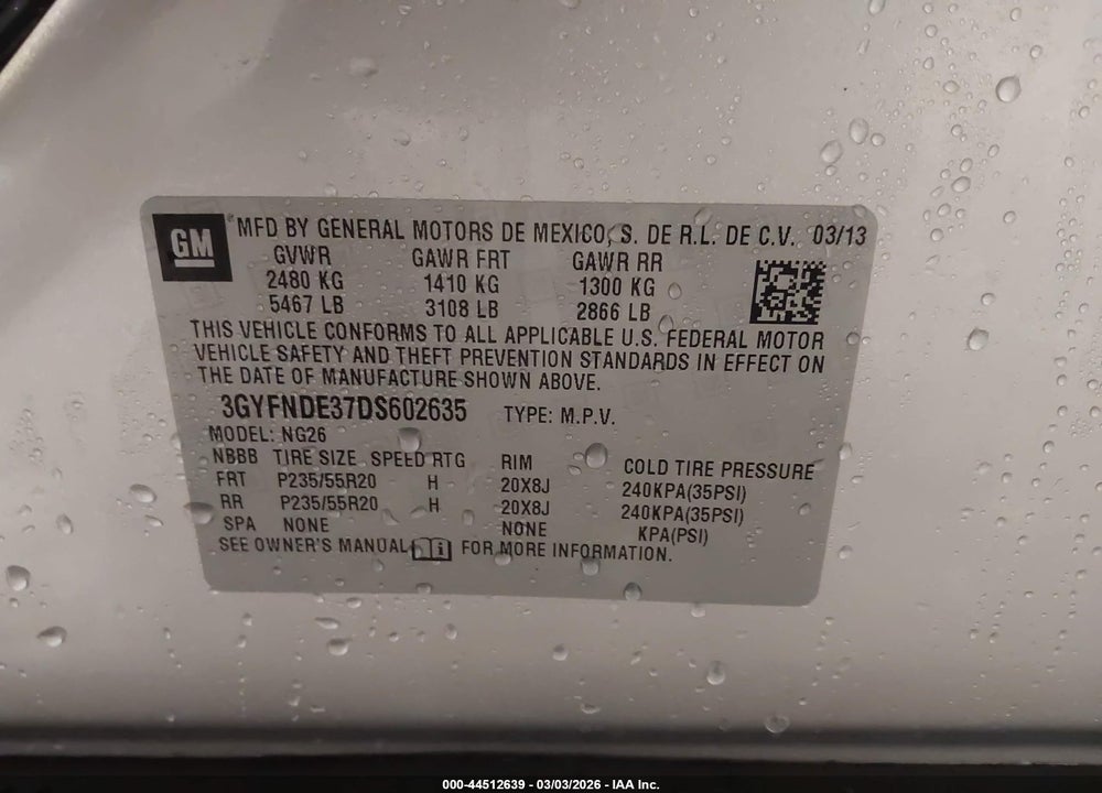 2013 CADILLAC SRX PERFORMANCE COLLECTION VIN: 3GYFNDE37DS602635