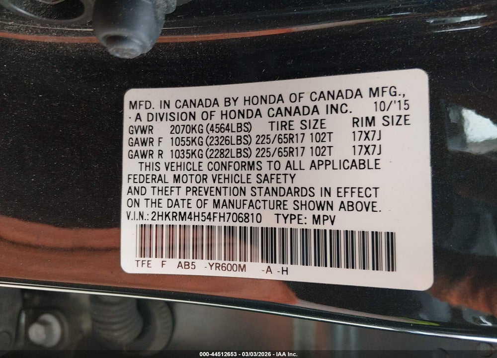 2015 HONDA CR-V EX VIN: 2HKRM4H54FH706810