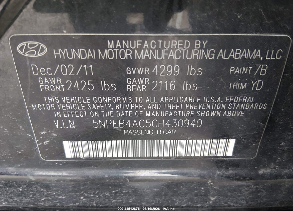 2012 HYUNDAI SONATA GLS VIN: 5NPEB4AC5CH430940