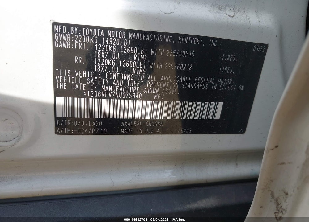2022 TOYOTA RAV4 HYBRID LIMITED VIN: 4T3D6RFV7NU075840