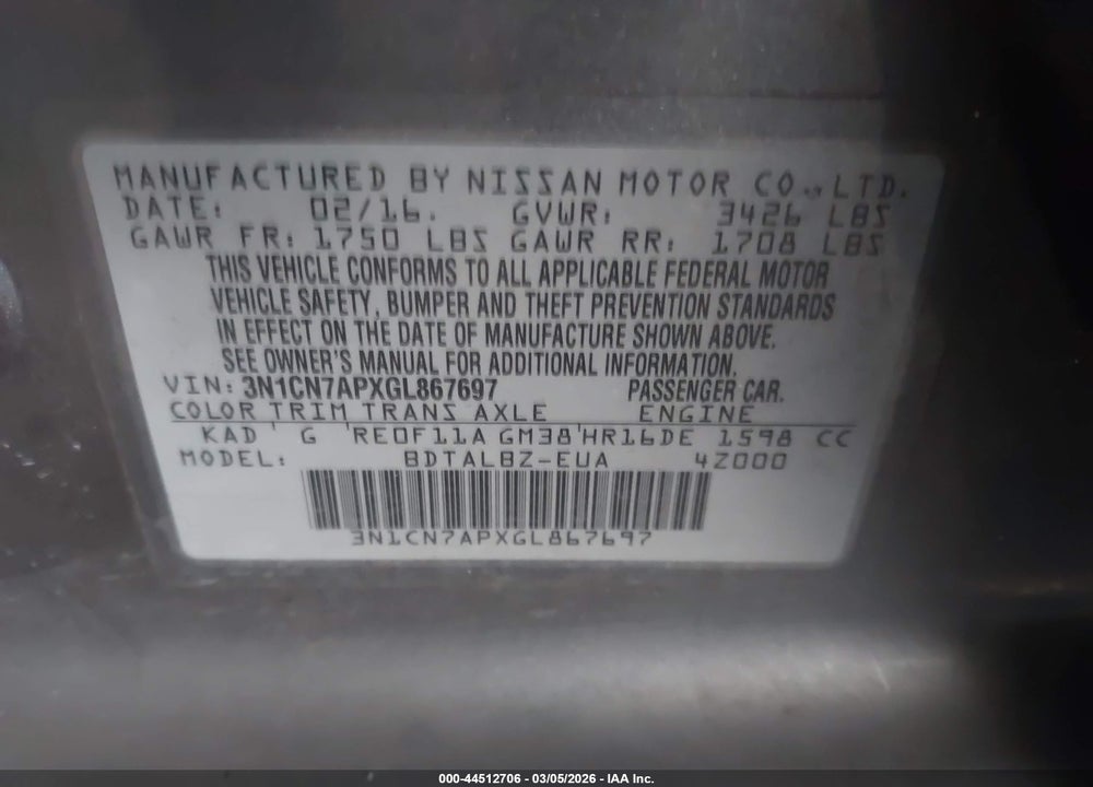 2016 NISSAN VERSA 1.6 S/1.6 S+/1.6 SL/1.6 SV VIN: 3N1CN7APXGL867697