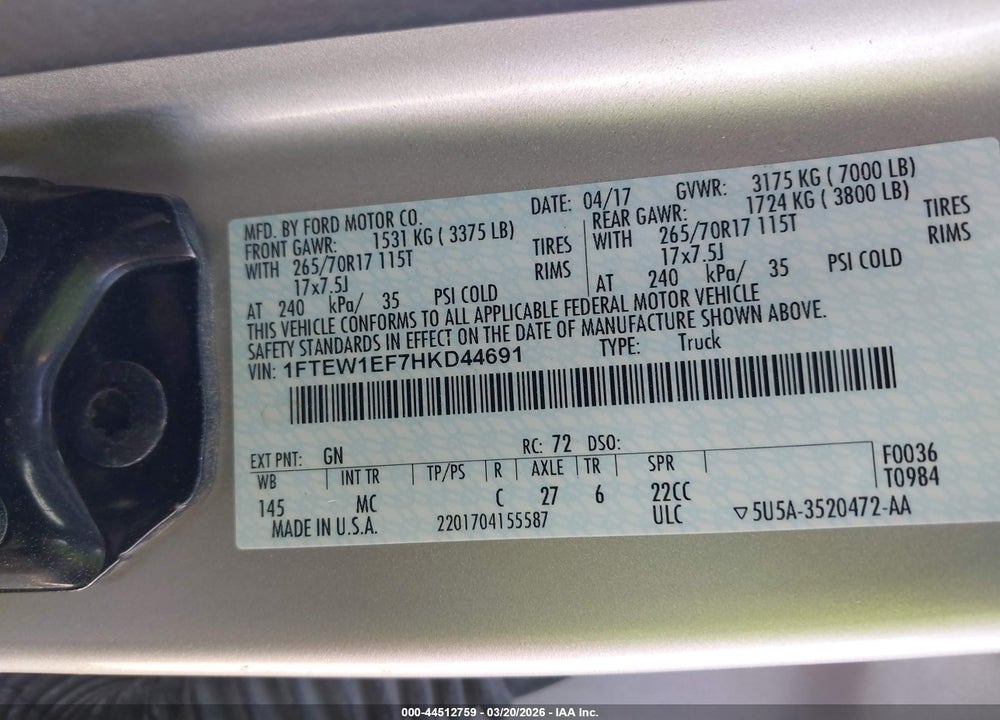 2017 FORD F-150 XLT VIN: 1FTEW1EF7HKD44691
