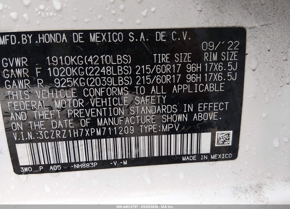 2023 HONDA HR-V 2WD EX-L VIN: 3CZRZ1H7XPM711209