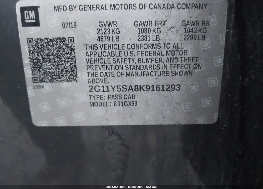 2019 CHEVROLET IMPALA LS VIN: 2G11Y5SA8K9161293