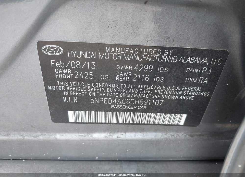 2013 HYUNDAI SONATA GLS VIN: 5NPEB4AC6DH691107