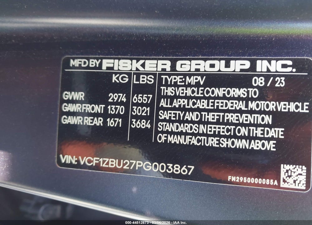 2023 FISKER OCEAN ONE VIN: VCF1ZBU27PG003867
