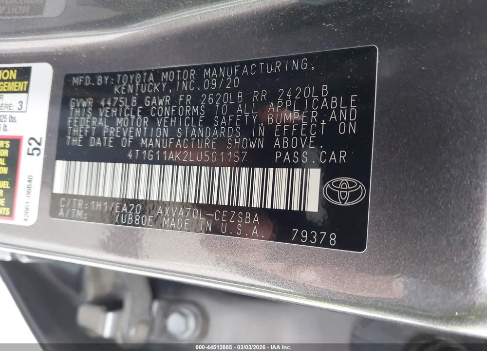 2020 TOYOTA CAMRY SE VIN: 4T1G11AK2LU501157
