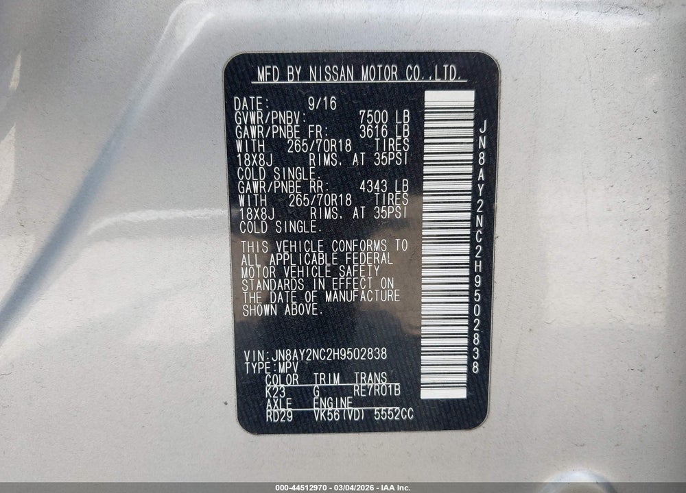 2017 NISSAN ARMADA SV VIN: JN8AY2NC2H9502838