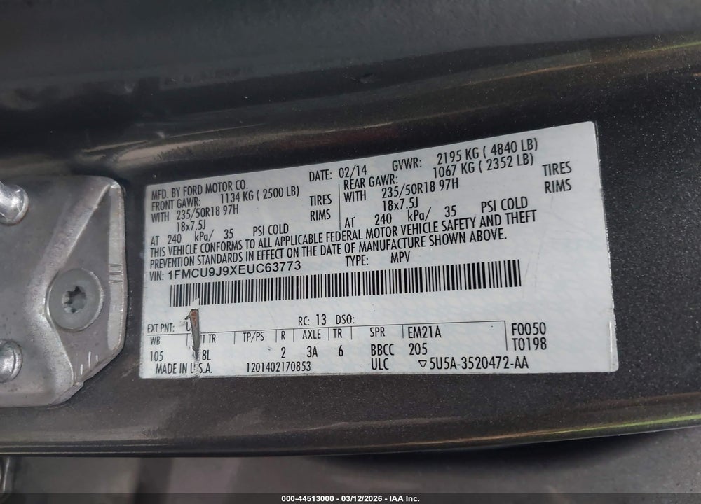 2014 FORD ESCAPE TITANIUM VIN: 1FMCU9J9XEUC63773