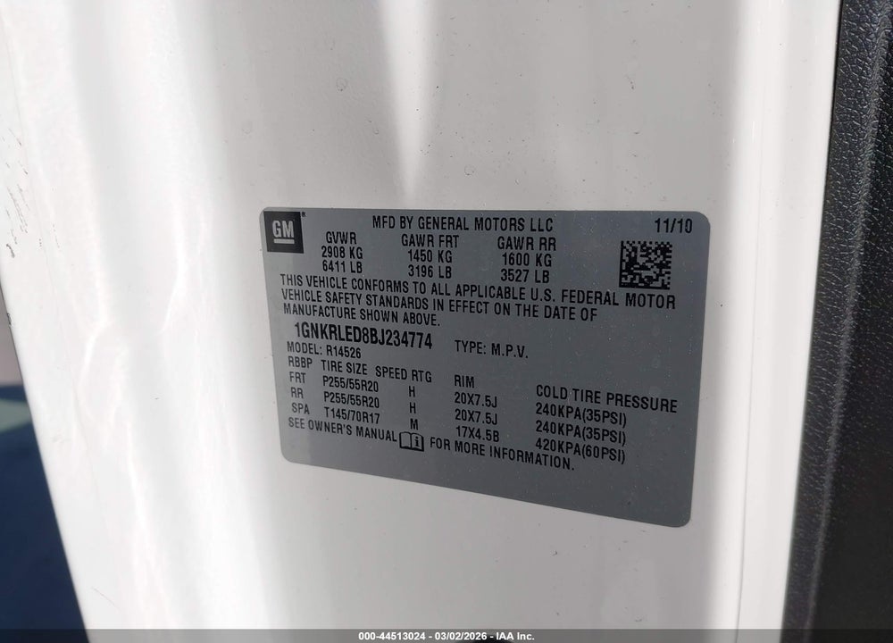 2011 CHEVROLET TRAVERSE LTZ VIN: 1GNKRLED8BJ234774