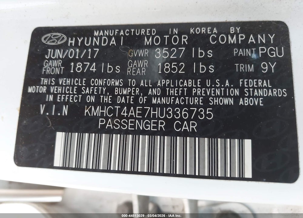 2017 HYUNDAI ACCENT SE VIN: KMHCT4AE7HU336735