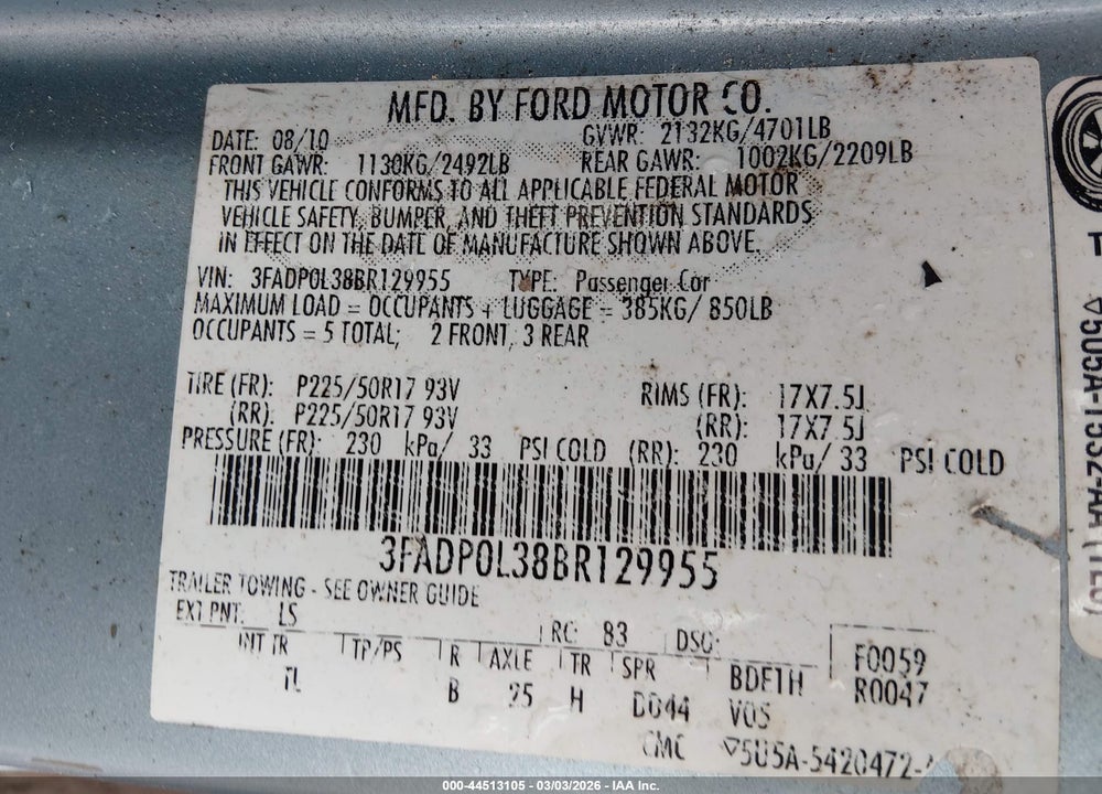 2011 FORD FUSION HYBRID VIN: 3FADP0L38BR129955