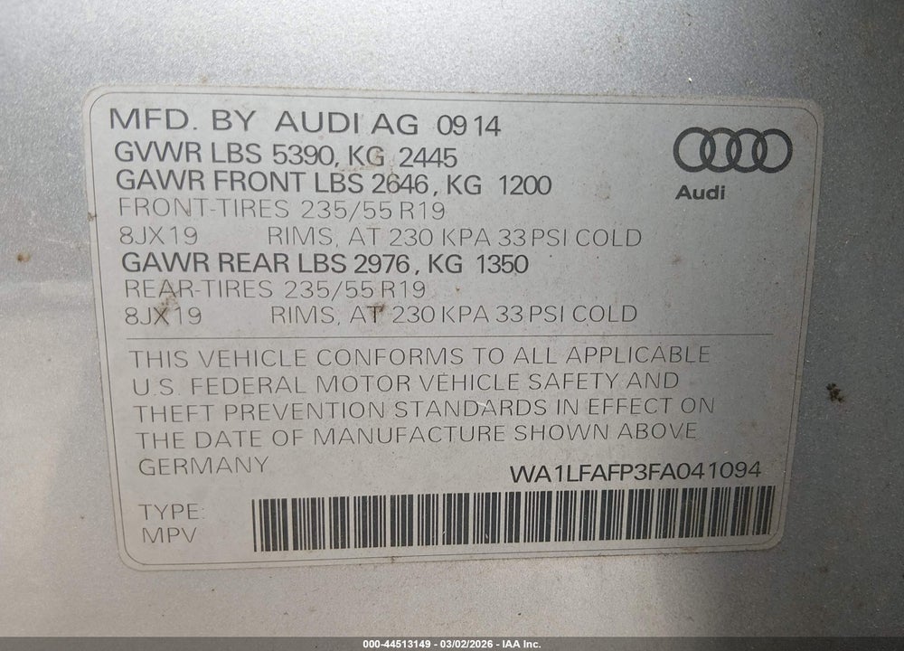 2015 AUDI Q5 2.0T PREMIUM VIN: WA1LFAFP3FA041094