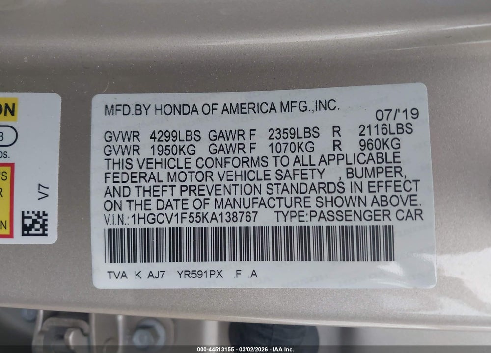 2019 HONDA ACCORD EX-L VIN: 1HGCV1F55KA138767