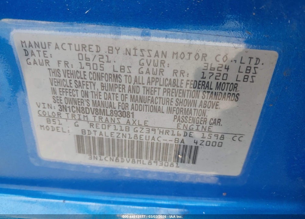 2021 NISSAN VERSA S VIN: 3N1CN8DV8ML893081