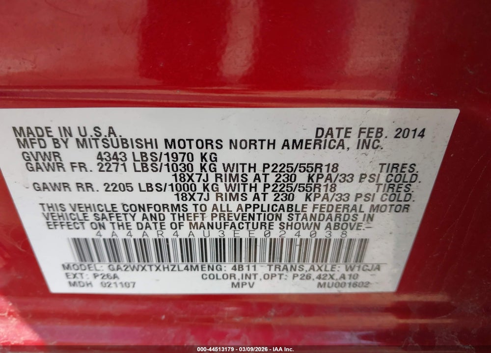 2014 MITSUBISHI OUTLANDER SPORT SE VIN: 4A4AR4AU3EE024038