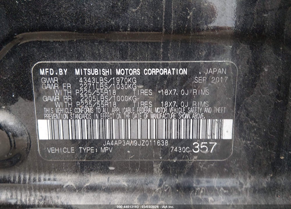 2018 MITSUBISHI OUTLANDER SPORT 2.4 SE VIN: JA4AP3AW9JZ011638