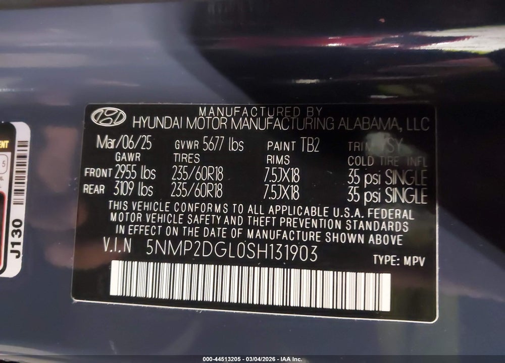 2025 HYUNDAI SANTA FE SEL VIN: 5NMP2DGL0SH131903