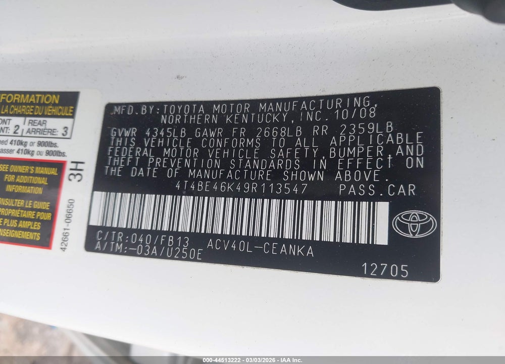 2009 TOYOTA CAMRY LE VIN: 4T4BE46K49R113547